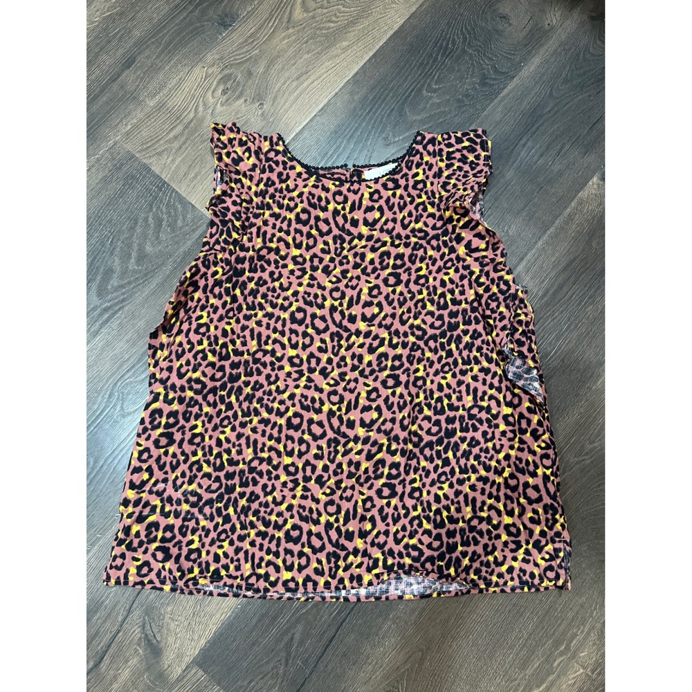 Loft Womens Pink Leopard Print Ruffle Sleeve Blouse Crochet Trim Large Top